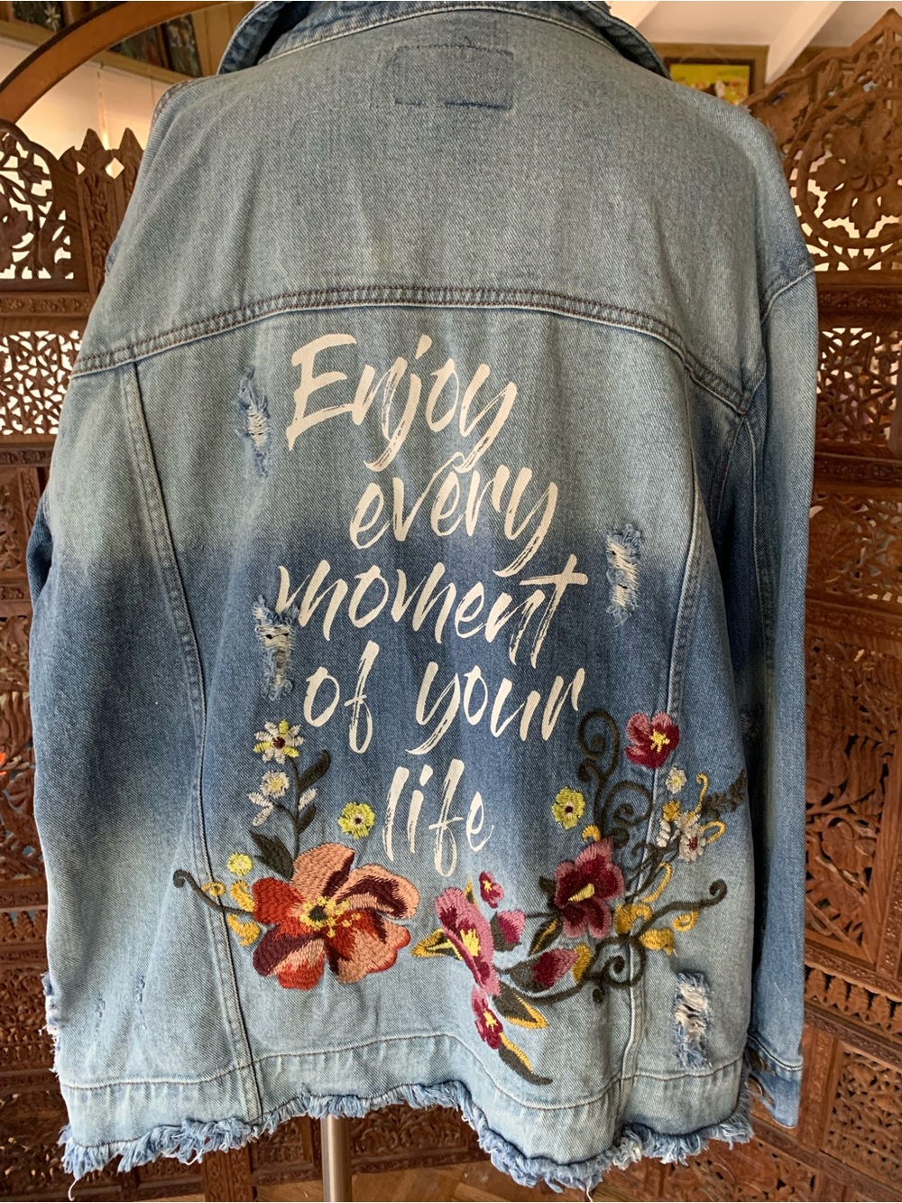 William Rast Light Blue Denim Jacket with phrase and embroidery on back